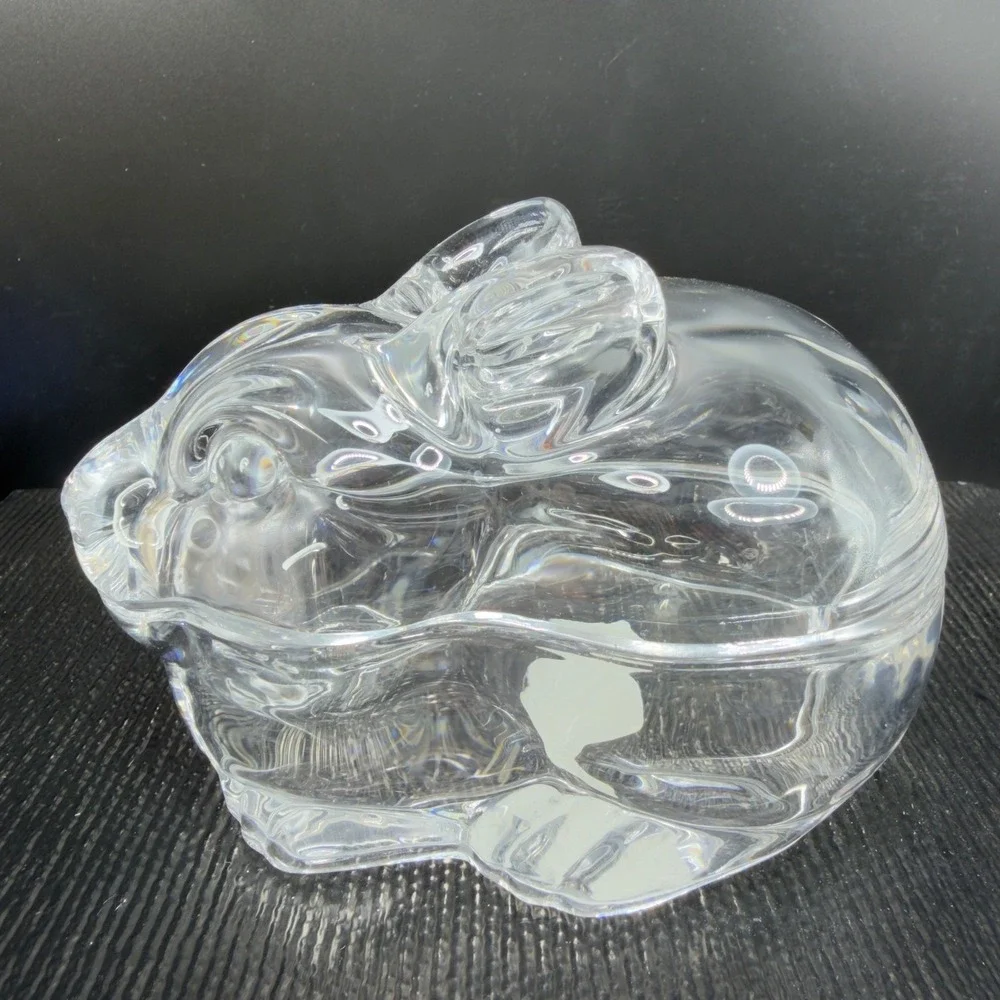 Crate & Barrel Clear Glass Covered Bunny Rabbit Candy Dish‎ Trinket Box NEW